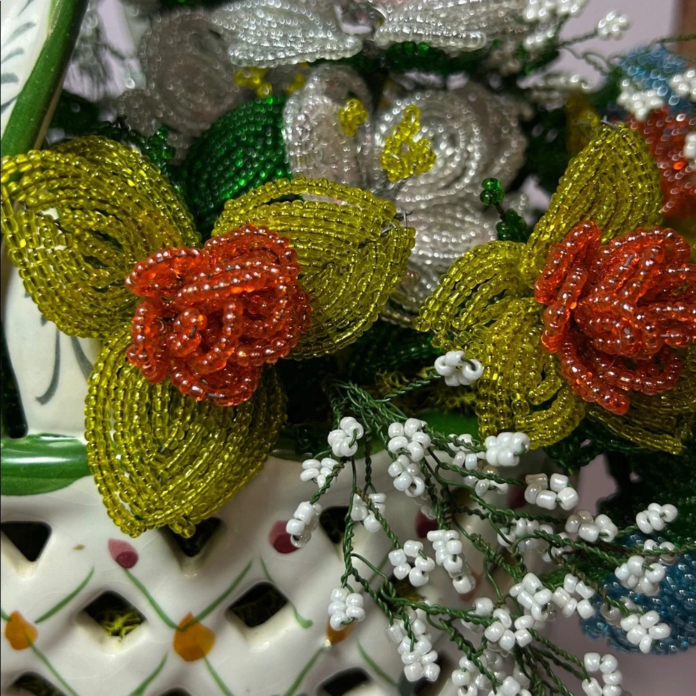 Handcrafted Floral Basket with Multicolor Beaded Flowers